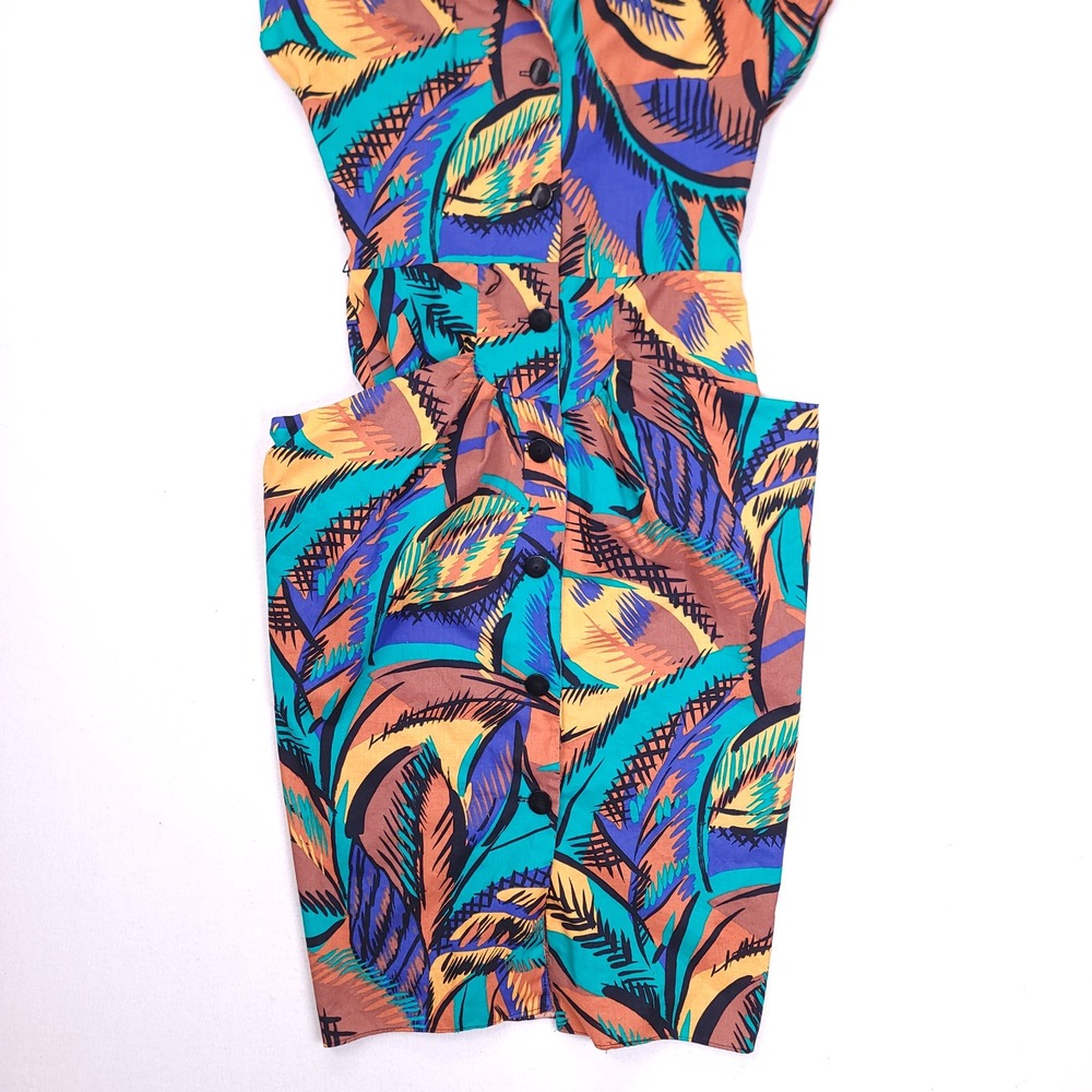 Vintage 80s Abstract Tropical Midi Dress Sleeveless Padded Shoulder Multicolor - Picture 10 of 10